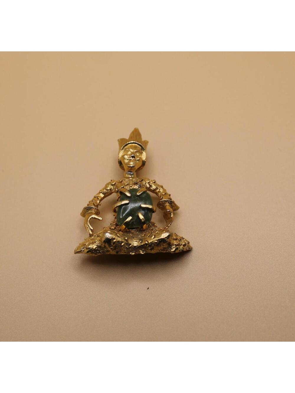 Vintage Signed BSK Buddha Brooch with Green Stone